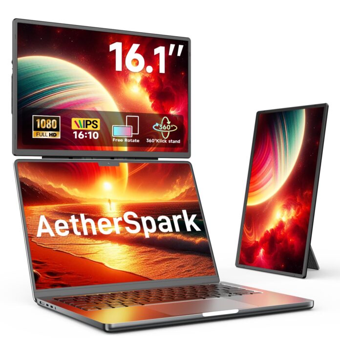 AetherSpark 16.1 Inch Laptop Screen Extender AetherSpark 16.1 inch laptop screen extender open beside a laptop