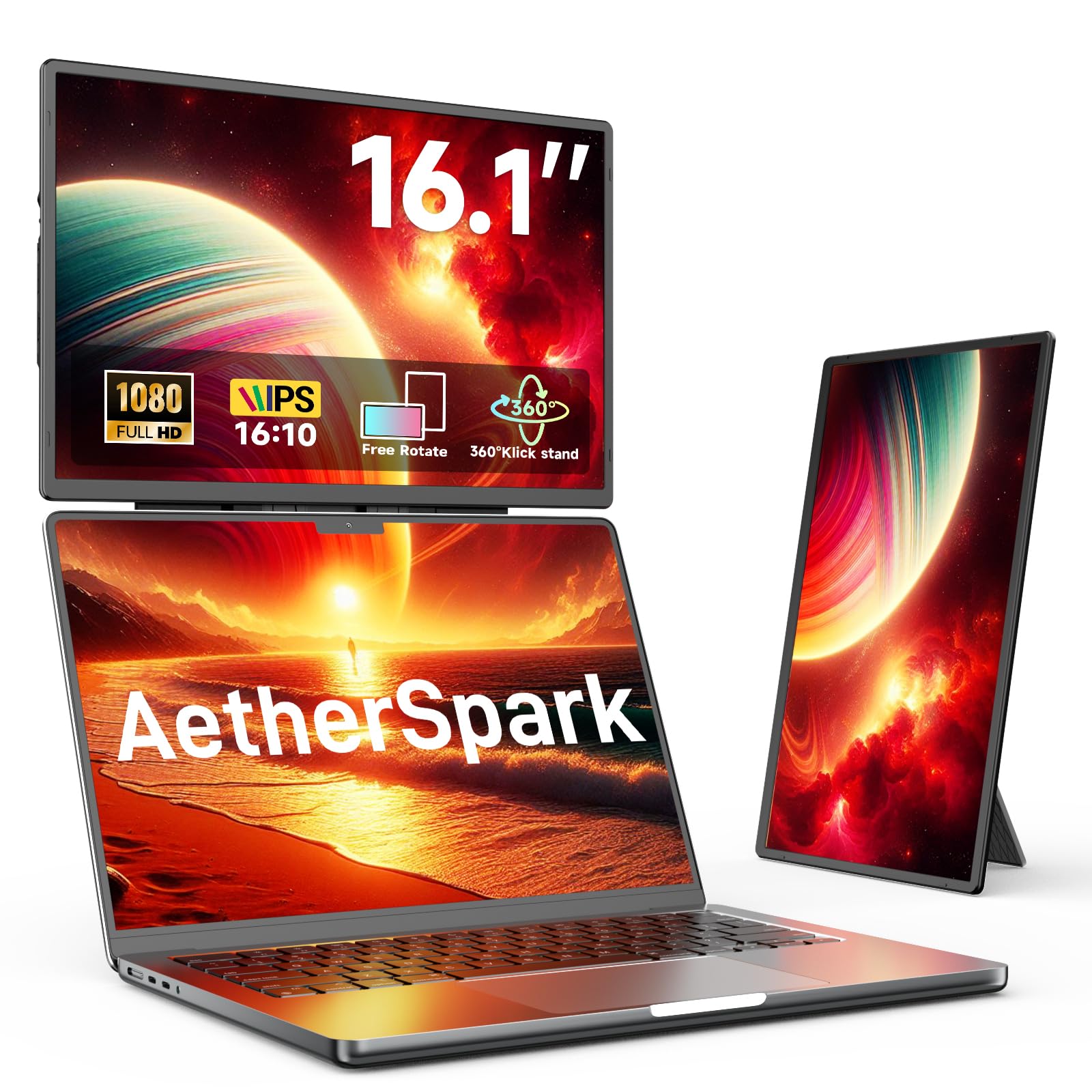 AetherSpark 16.1 inch laptop screen extender open beside a laptop